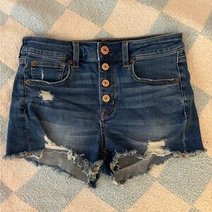 American Eagle Distressed Denim Shorts Dark Wash Blue Jean Button Down